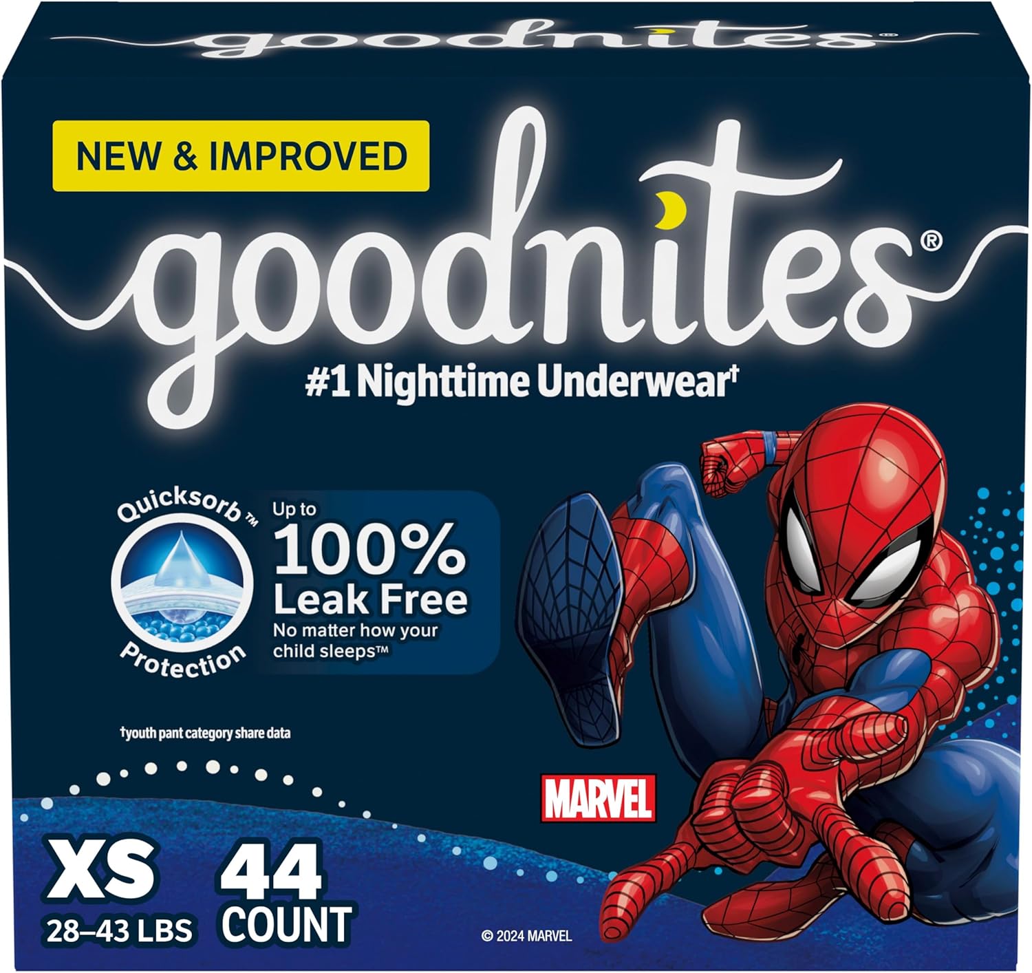 Goodnites Boys' Nighttime Bedwetting Underwear, Size Extra Small (28-43 Lbs), 44 Ct (2 Packs Of 22), Packaging May Vary