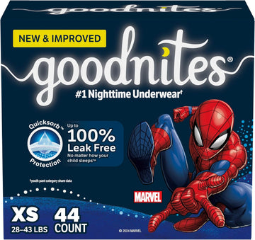 Goodnites Boys' Nighttime Bedwetting Underwear, Size Extra Small (28-43 Lbs), 44 Ct (2 Packs Of 22), Packaging May Vary