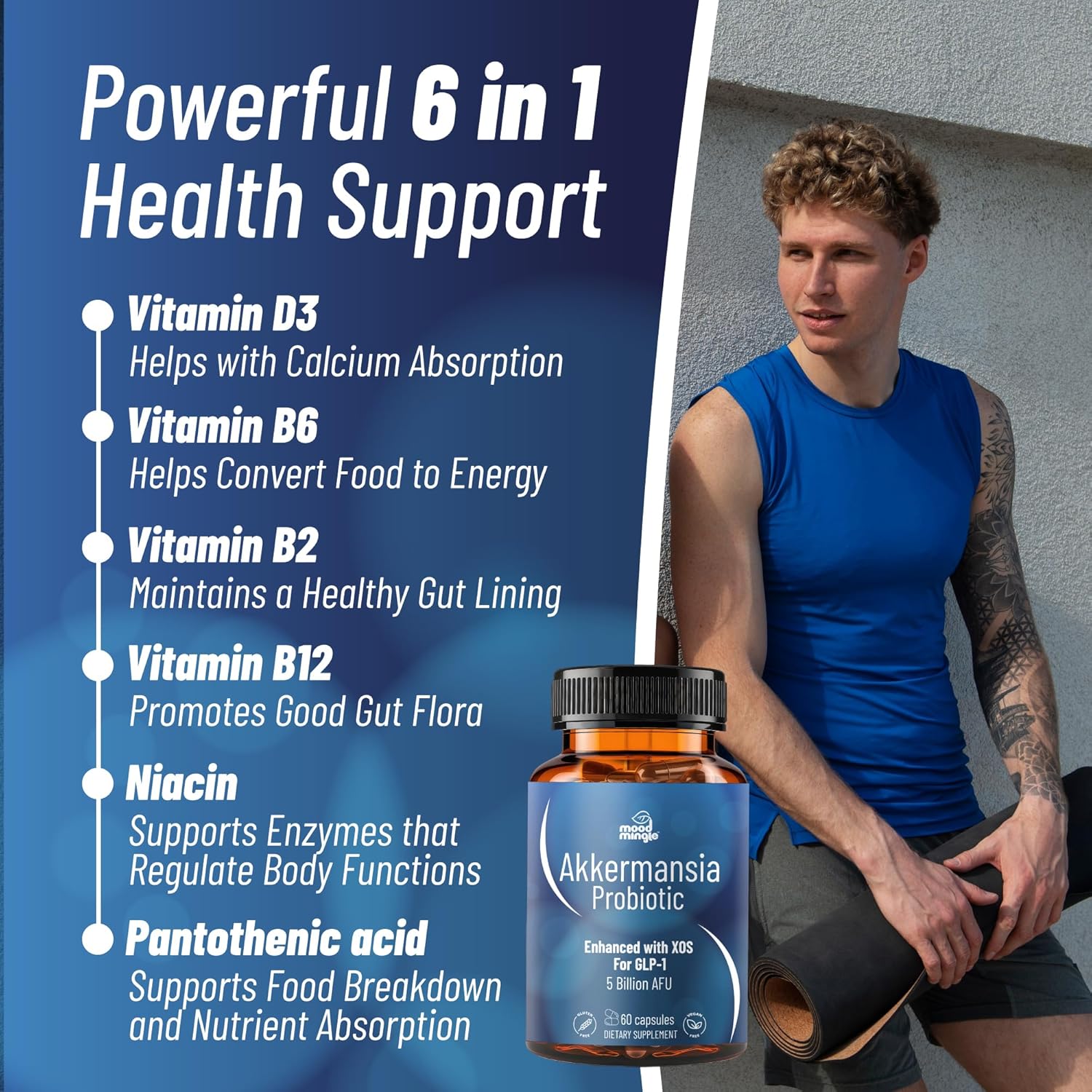 Akkermansia Muciniphila Glp-1 Probiotic Supplements - With Xos 5B Afu Vitamin B2 B6 B12 D3 Niacin Pantothenic Acid Increases Glp1 Production - Vegan Gluten-Free Capsules For Men Women (1 Pack)