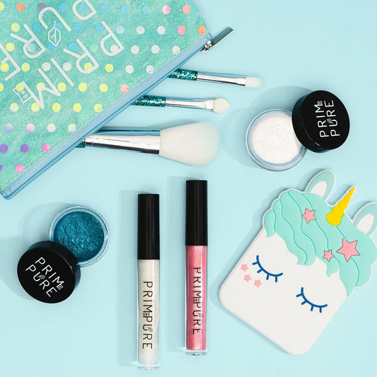 Prim And Pure Mineral Gift Set With Unicorn Mirror| Perfect For Play Dates & Birthday Parties | Kids Eyeshadow Makeup – Mineral | Organic & Natural Makeup Kit For Kids| Made In Usa (Blue)