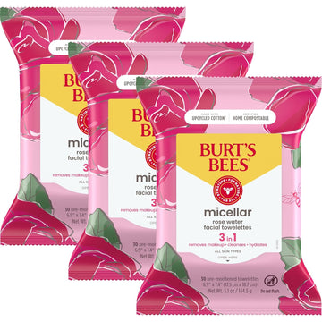 Burt's Bees Rose Water Face Wipes, Mothers Day Gifts for Mom for All Skin Types, Hydrating Micellar Makeup Remover & Facial Cleansing Towelettes, 30 Ct (3-Pack)