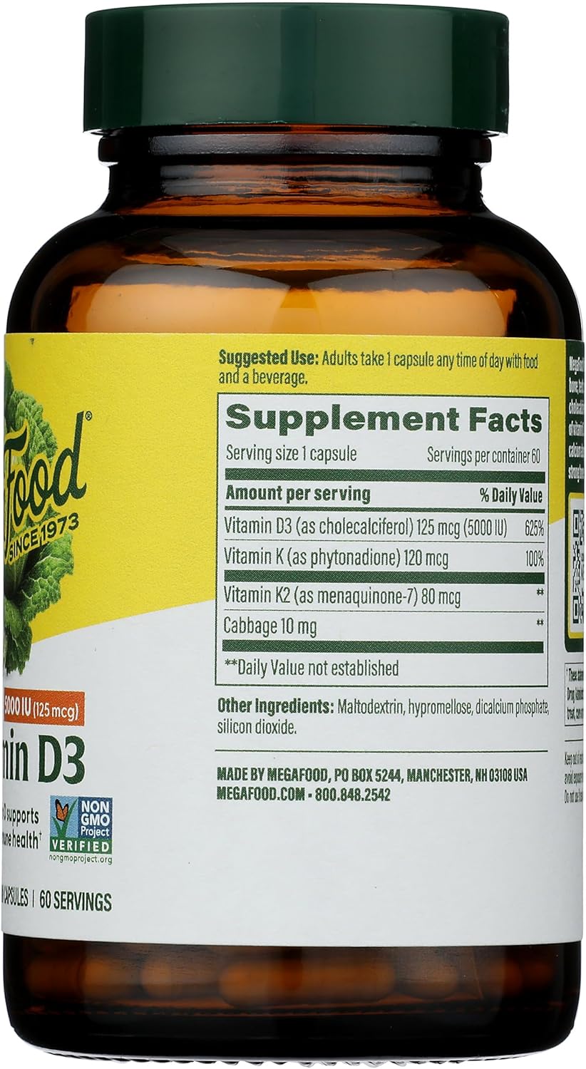 MegaFood Vitamin D3 5000 IU (125 mcg) - Vegetarian Vitamin D Supplements with Vitamin D3 K2, Supports Bones, Teeth, Muscles & Immune Health, Certified Non-GMO - 60 Mini Capsules, 60 Servings : Health & Household