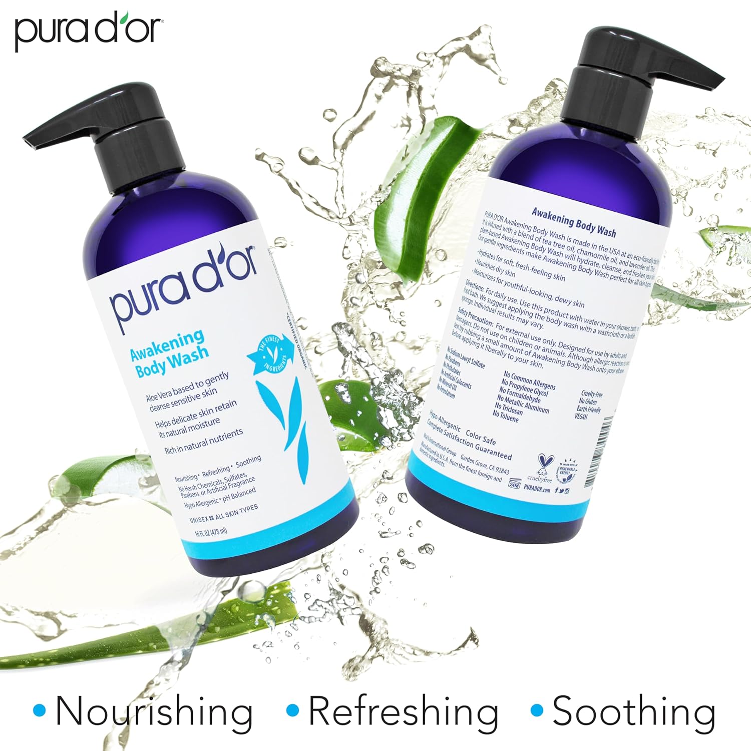 PURA D'OR Awakening Body Wash (16oz) with Aloe Vera, Chamomile, Lavender, Tea Tree and Natural Nutrients - pH Balanced for Moisturized Soft, Fresh-Feeling Skin, All Skin Types, Men & Women : Beauty & Personal Care