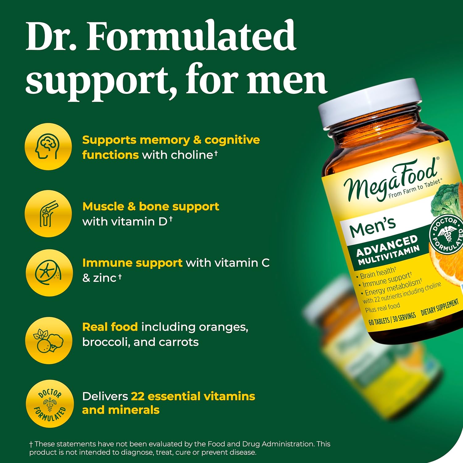 MegaFood Men's Advanced Multivitamin for Men - Doctor -Formulated - Choline, Vitamin B12, Vitamin D, Vitamin C & Zinc - Brain Health & Immune Support - Non-GMO - Vegetarian - 120 Tabs (60 Servings) : Health & Household