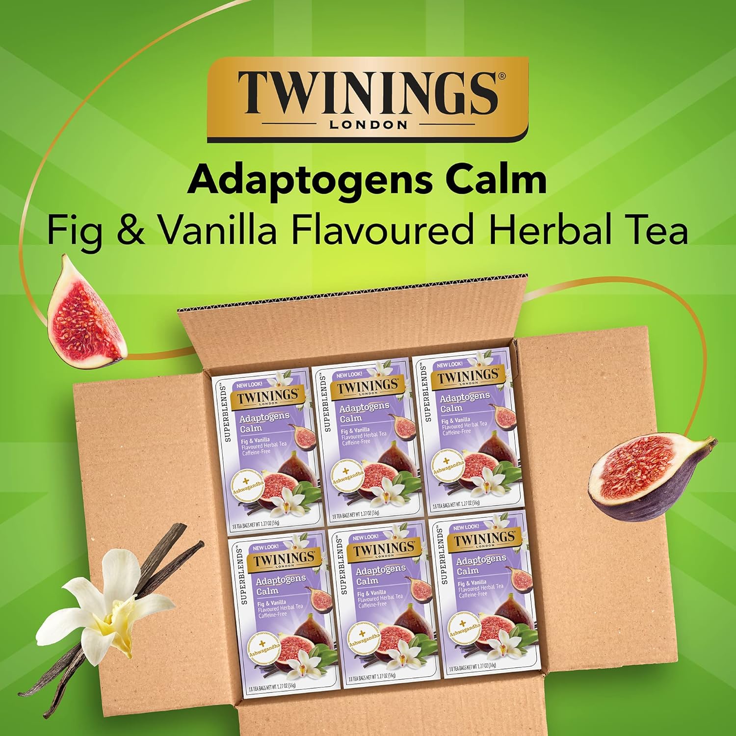 Twinings Superblends Adaptogens Calm With Ashwagandha Fig & Vanilla Flavoured Herbal Tea Caffeine-Free, 18 Tea Bags (Pack Of 6), Enjoy Hot Or Iced