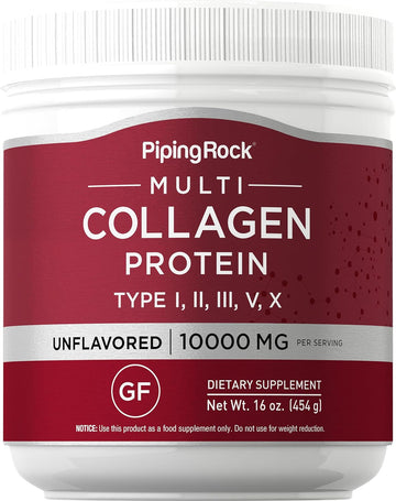 Piping Rock Multi Collagen Protein Powder | 16 Oz | 10,000Mg Peptides Complex | Type I, Ii, Iii, V, X | Unflavored & Gluten Free