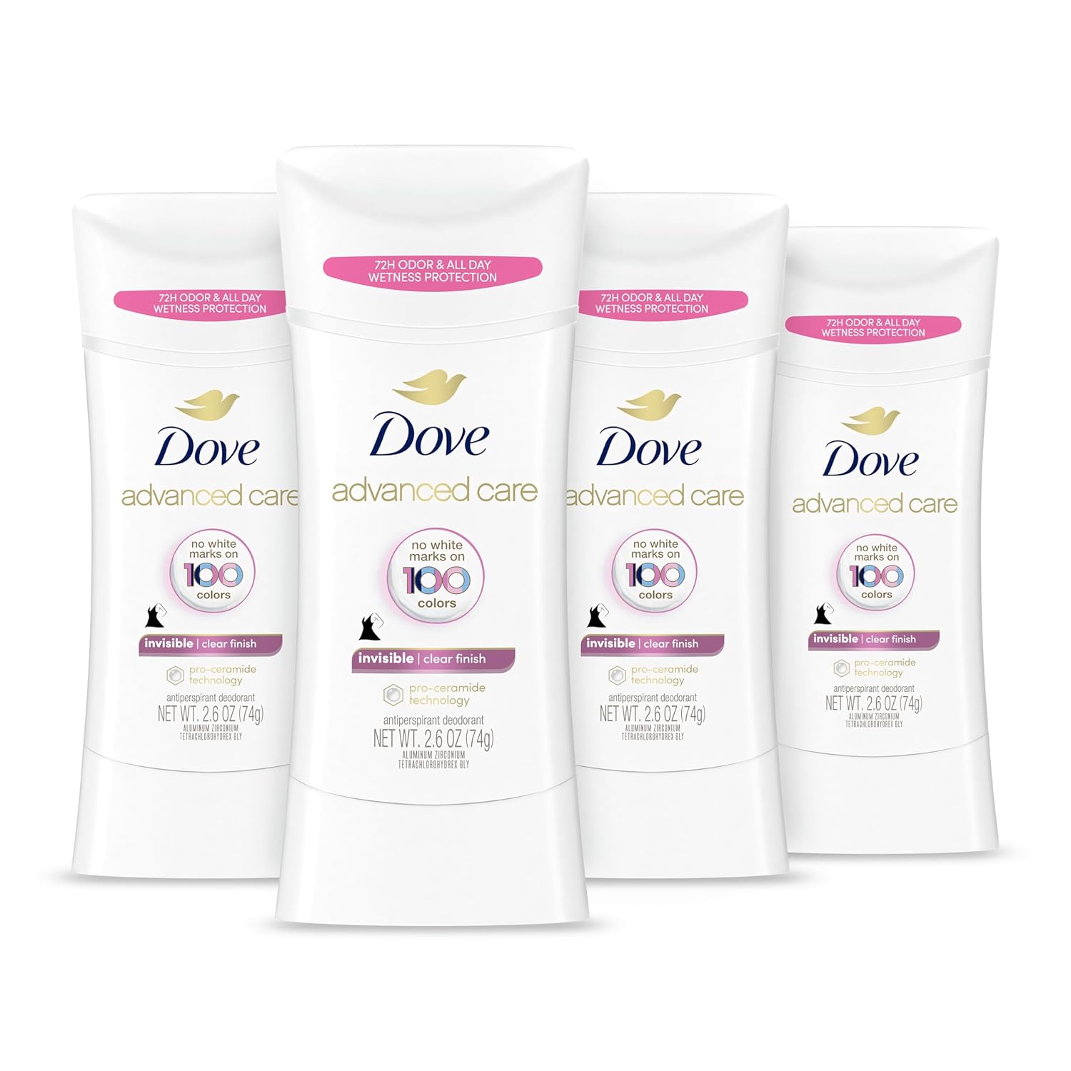 Dove Advanced Care Antiperspirant Deodorant Stick Clear Finish 4 Count Deodorant That Doesn’T Stain Clothes 72-Hour Odor Control And All-Day Sweat Protection With Pro-Ceramide Technology 2.6 Oz