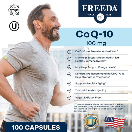 Freeda Coq10 100Mg - Kosher Coenzyme Q10 Dietary Supplement For Cardiovascular Heart Health, Blood Pressure Support, Oral Gum Health, And Healthy Aging - Pure Coq10 Capsules, 100 Count