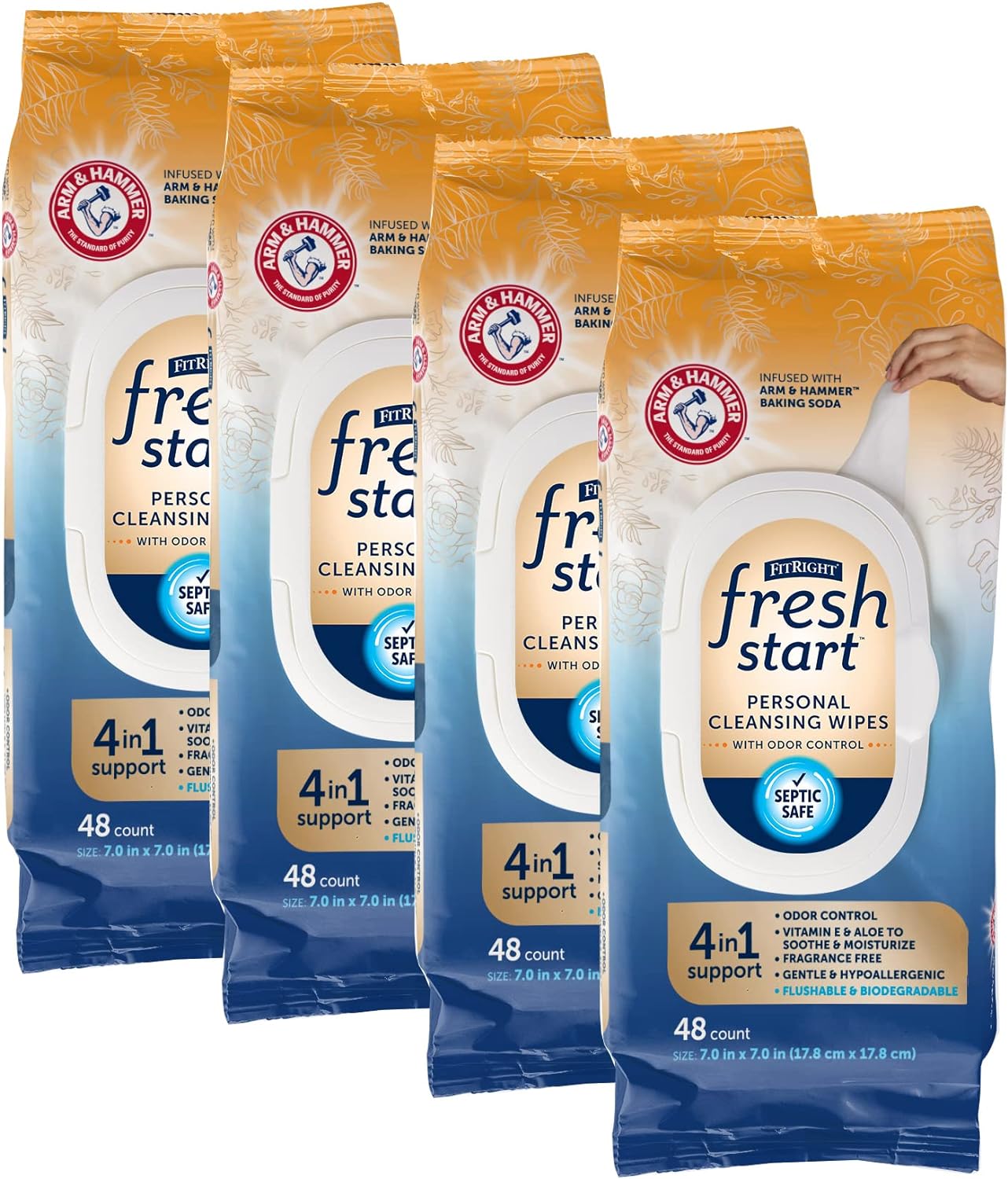 Fitright Fresh Start Flushable & Biodegradable Personal Cleansing Wipes, 48 Count, For Urinary Incontinence With The Odor-Control Power Of Arm & Hammer Baking Soda (Pack Of 4)