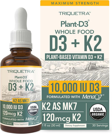 Organic Plant D3 + K2 - 10,000 iu D3 - All-Trans MK7 from MenaQ7 (120 mcg K2) - 100% Organic & Plant-Based Sublingual D3 Drops (Cholecalciferol), 100% Vegan - Supports Immunity, Bone, Mood & Brain