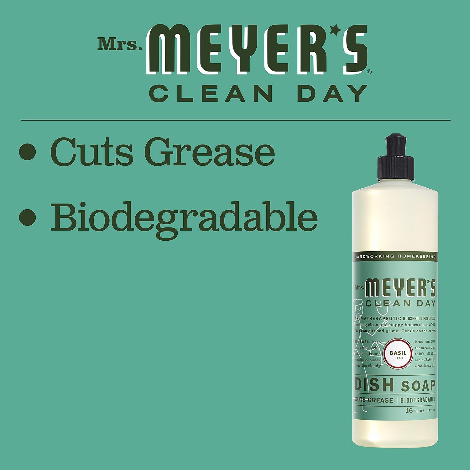 Mrs. Meyer'S Clean Day Liquid Dish Soap, Biodegradable Formula, Basil, 16 Fl. Oz - Pack Of 3