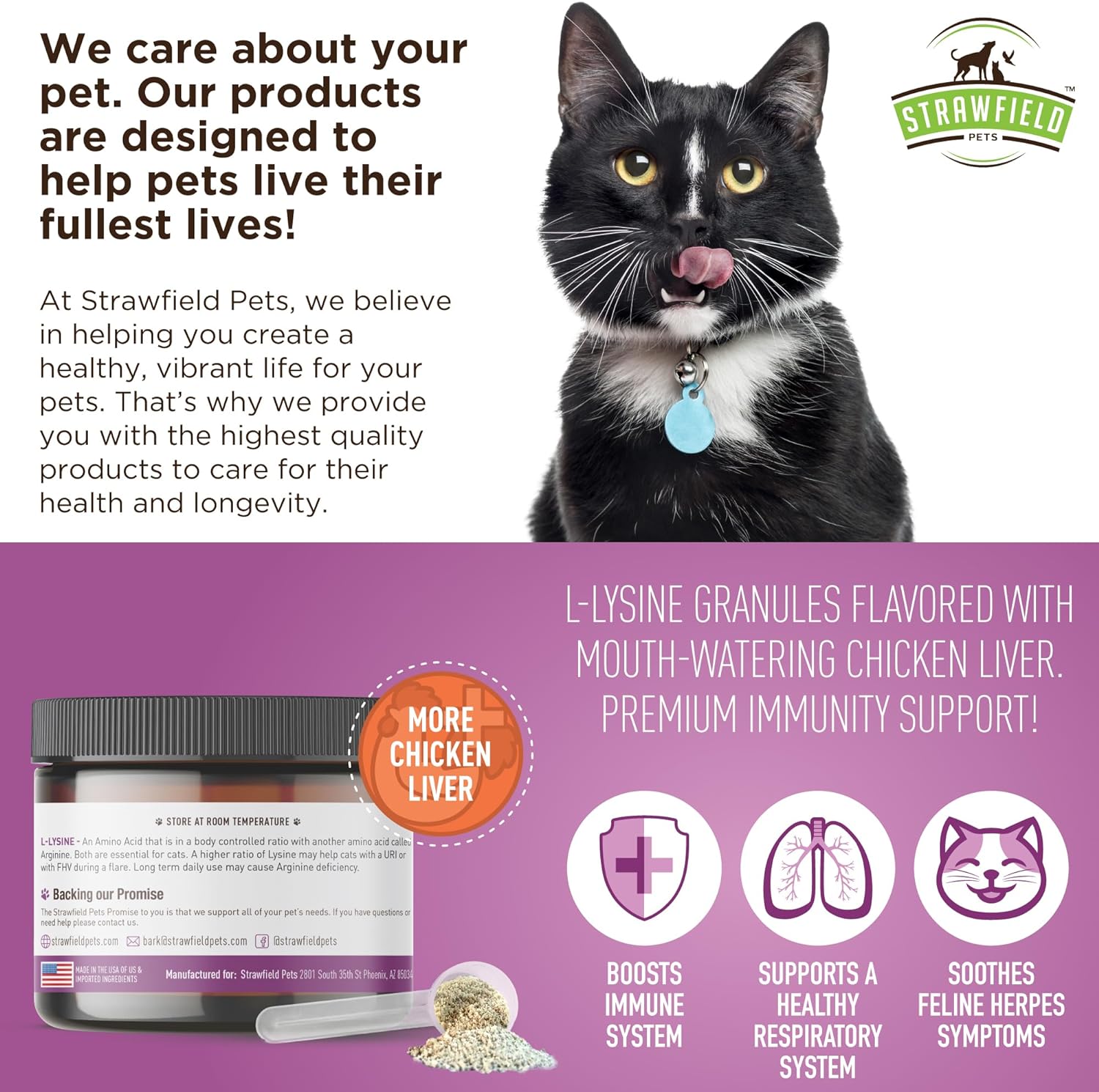 Strawfield Pets L-Lysine for Cats Supplement Powder Granules for Cat Cold, Sneezing, Congestion, Running Nose, Respiratory, Allergy Relief | Cats & Kittens of All Ages | Cat Health Supplies : Pet Supplies