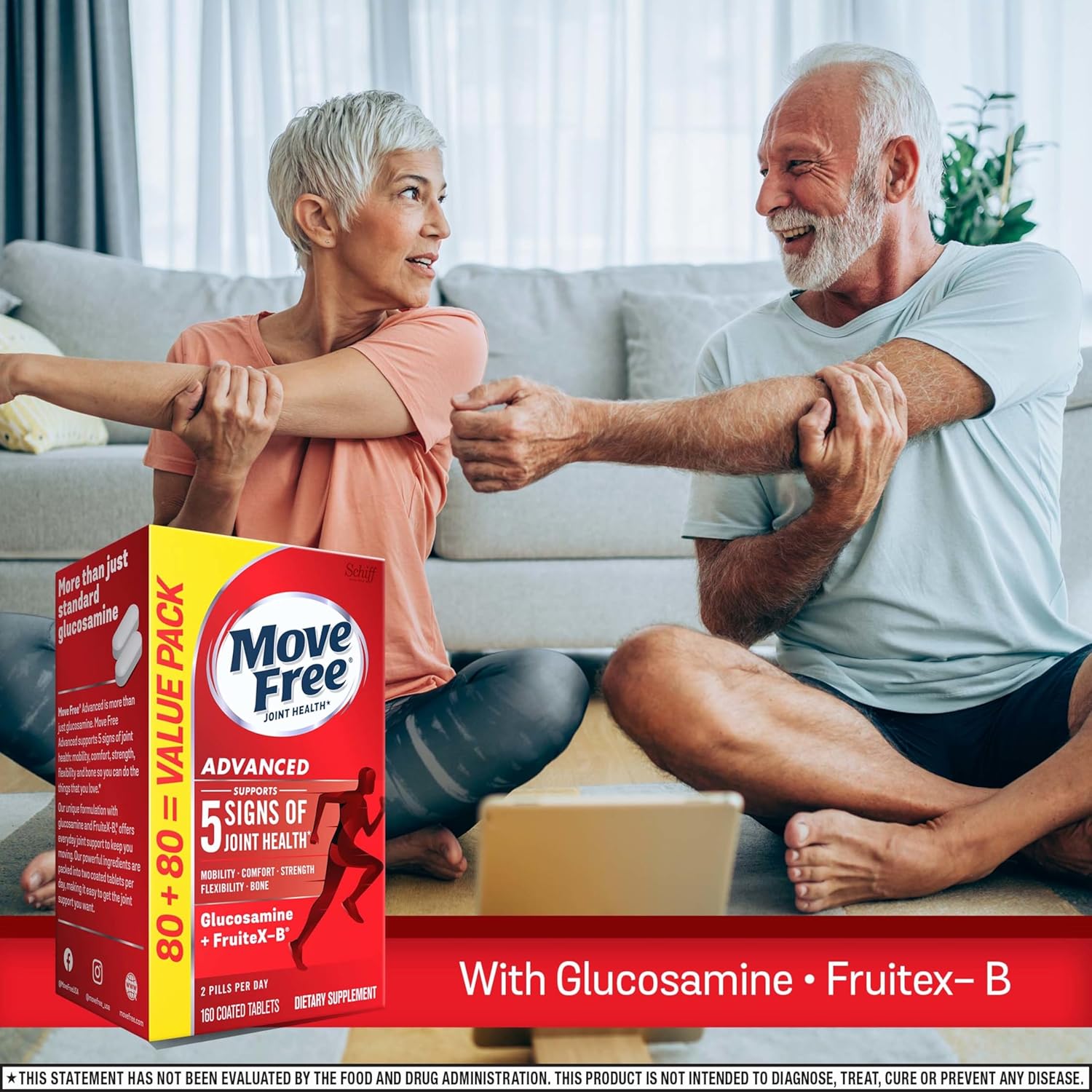 Move Free Advanced Glucosamine Chondroitin + Calcium Fructoborate Joint Support Supplement, Supports Mobility Comfort Strength Flexibility & Bone - 160 Tablets (80 Servings)