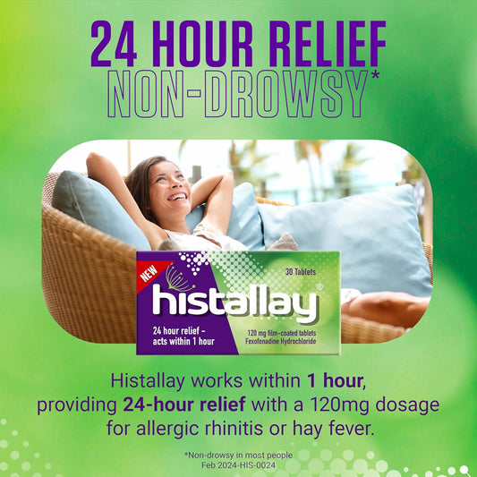 Histallay Hayfever & Allergy Relief Tablets, 30 Tablets, 120Mg Fexofenadine, Antihistamine 24Hr Relief, Acts Within 1Hr, Relieves Hayfever, Pet, Dust And Mould Allergies