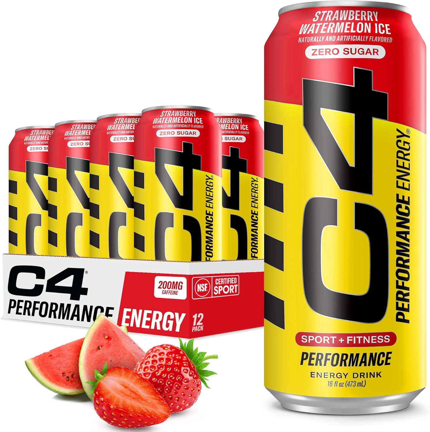 C4 Energy Drink 16Oz (Pack Of 12) - Strawberry Watermelon Ice - Sugar Free Pre Workout Performance Drink With No Artificial Colors Or Dyes