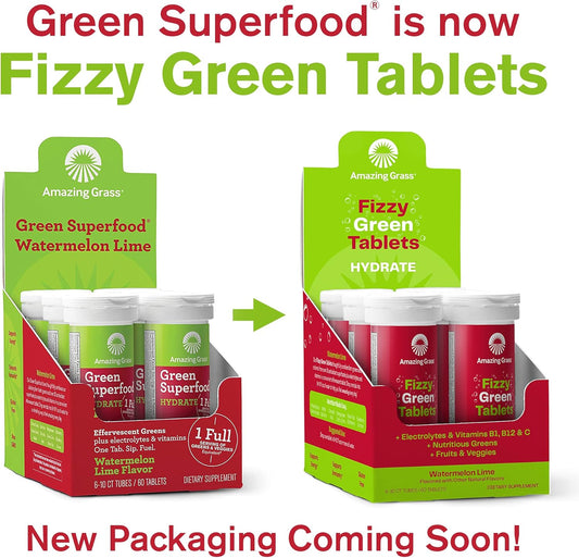 Amazing Grass Electrolyte Tablets Fizzy Greens Water Flavoring Tablet With Vitamins Hydrate Watermelon Lime 60 Count