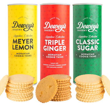 Moravian Cookie Gift Tube Collection By Dewey'S Bakery | Classic Sugar, Tripple Ginger & Meyer Lemon Moravian Cookie Thins | Gift Basket, Bakery Gifts, Graduation | (Pack Of 3)