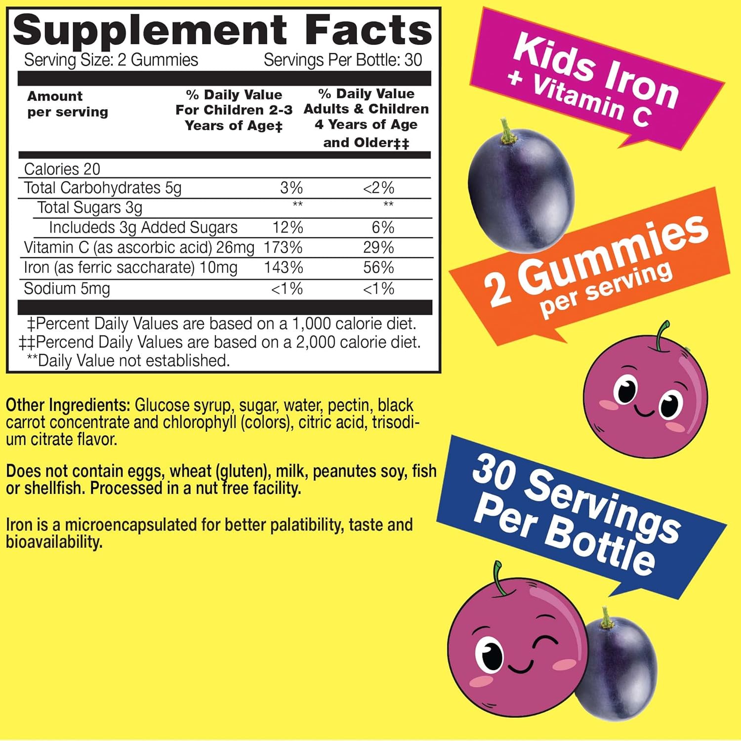 Iron Gummies For Kids With Vitamin C - Anemia Support, Red Blood Cell Formation, Energy, And Immunity Support Gummy, Iron Supplements For Kids - Gmo Free, Natural Grape Flavor - 60 Count