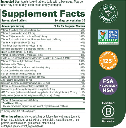 MegaFood Baby & Me 2 Prenatal Vitamin & Minerals - Vitamins for Women - with Folate (Folic Acid Natural Form), Choline, Iron, Iodine, Vitamin C, Vitamin D and More - 120 Mini Tabs (30 Servings)