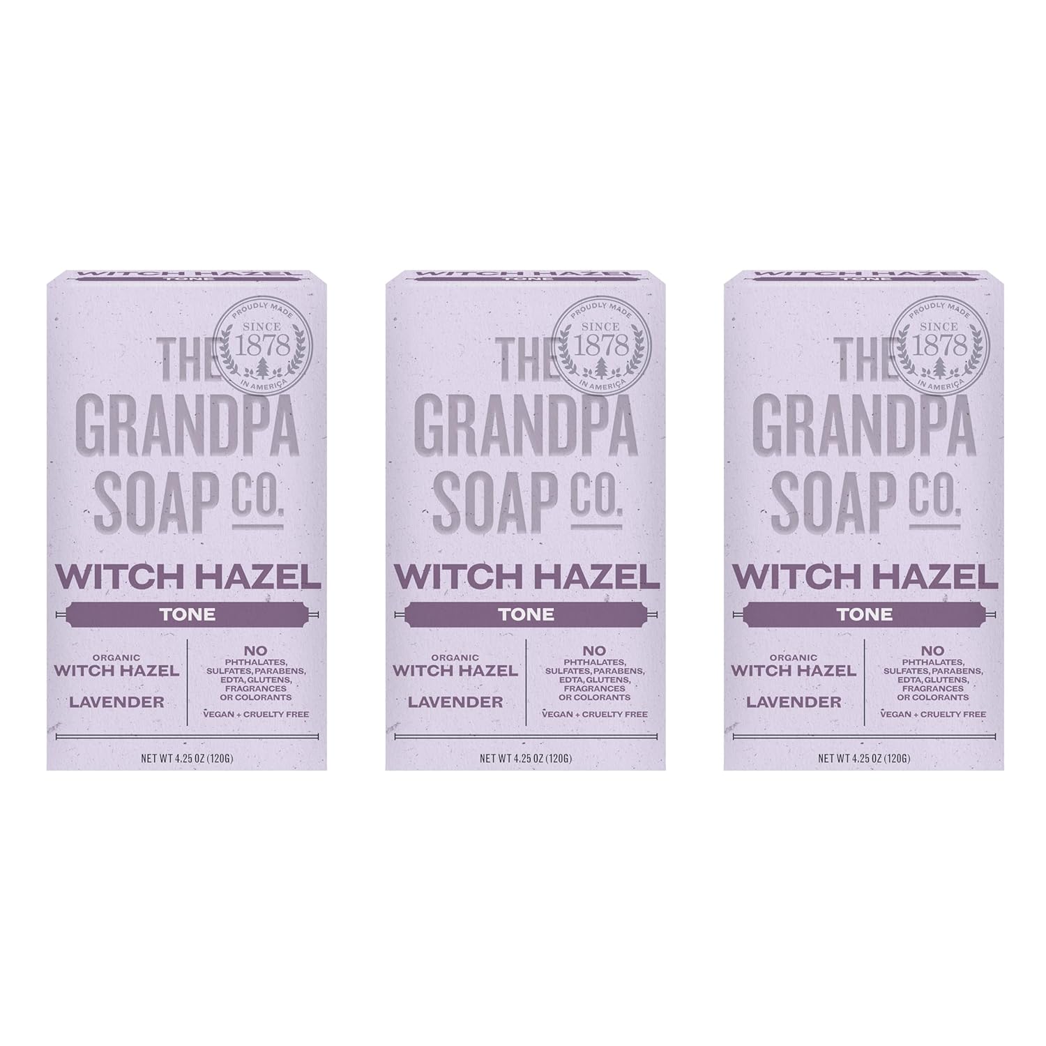 The Grandpa Soap Company Witch Hazel Bar Soap - Tones And Rejuvenates Skin, With Witch Hazel And Lavender, Provides A Relaxing Effect, Vegan, For Face And Body, 4.25 Oz, 3 Pack
