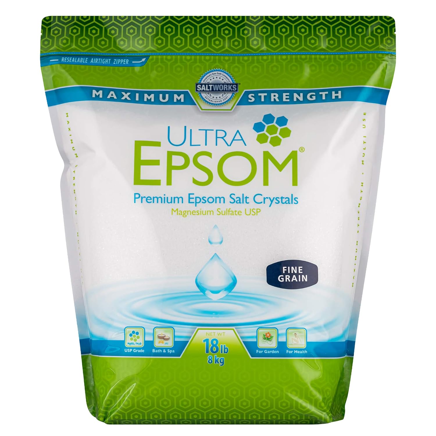 Saltworks Ultra Epsom Bath Salt, Unscented, Fine Grain, 50 Pound Bag