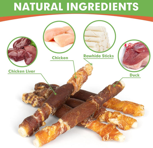Mon2Sun Dog Treats, Triple Flavor 5 Inch Chicken Liver Duck And Chicken Wrapped Rawhide Snacks For Small And Medium Dogs, 21.16 Oz (30 Count-Pack Of 1)