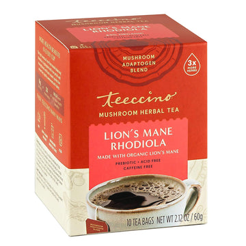 Teeccino Caffeine-Free Mushroom Adaptogenic Herbal Tea - Lion’S Mane Rhodiola Tea - Rose, 3X More Herbs Than Regular Teas, Lightly Sweet From Dates & Figs, Chicory Prebiotic - 10 Tea Bags