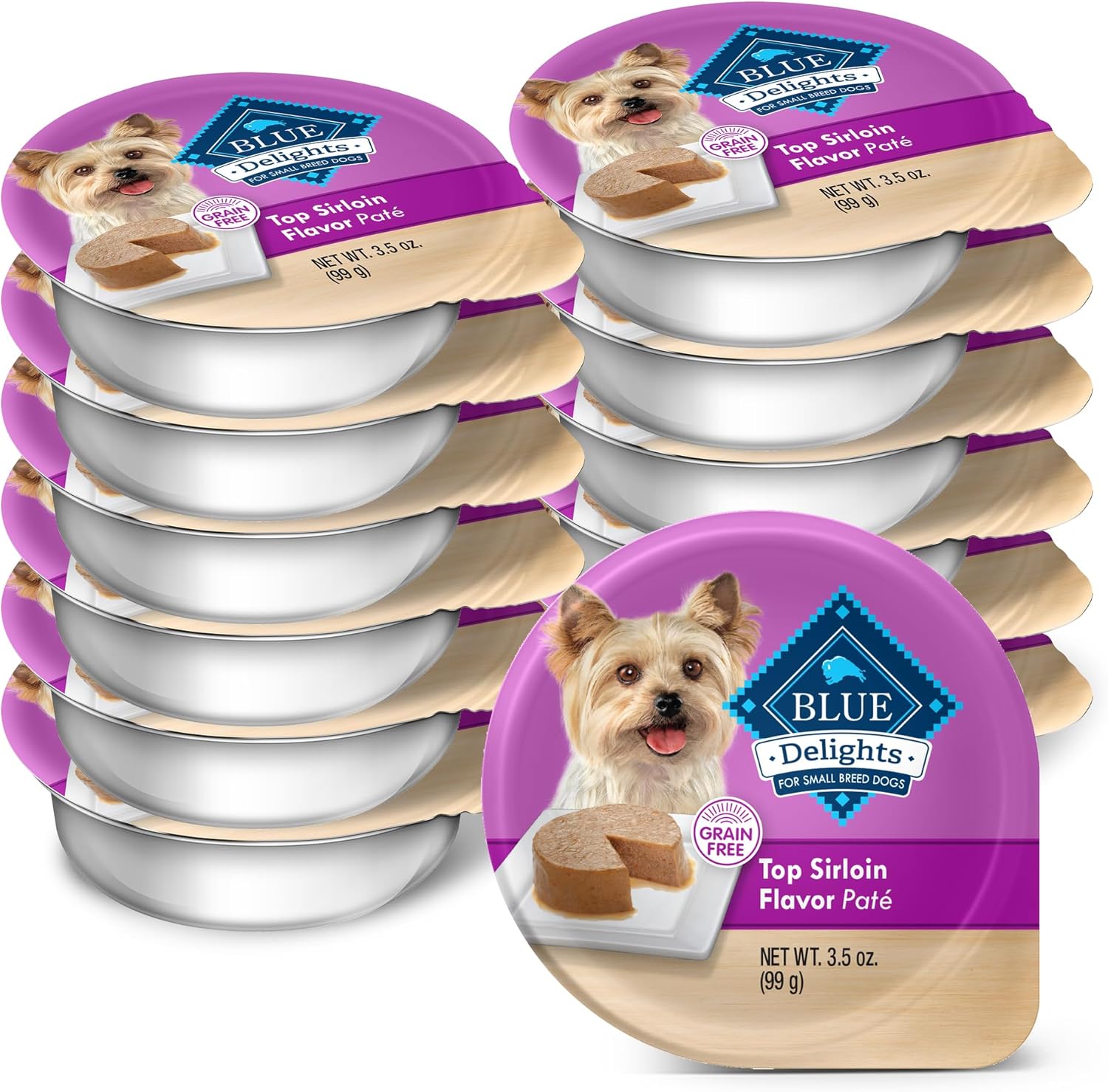 Blue Buffalo Delights Natural Adult Small Breed Wet Dog Food Cups, Pate Style, Top Sirloin Flavor In Savory Juice 3.5-Oz (Pack Of 12)