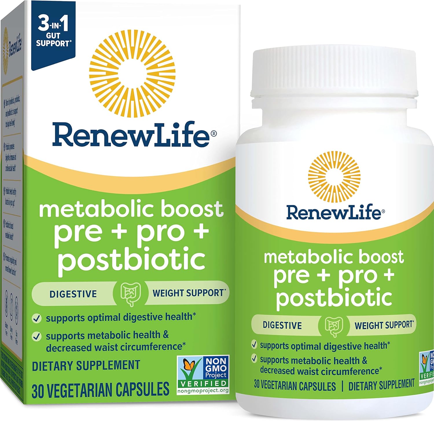 Renew Life Metabolic Boost Pre + Pro + Postbiotic; Prebiotics, Probiotics And Postbiotics Support Optimal Digestive Health And Metabolic Health; 30 Vegetarian Capsules