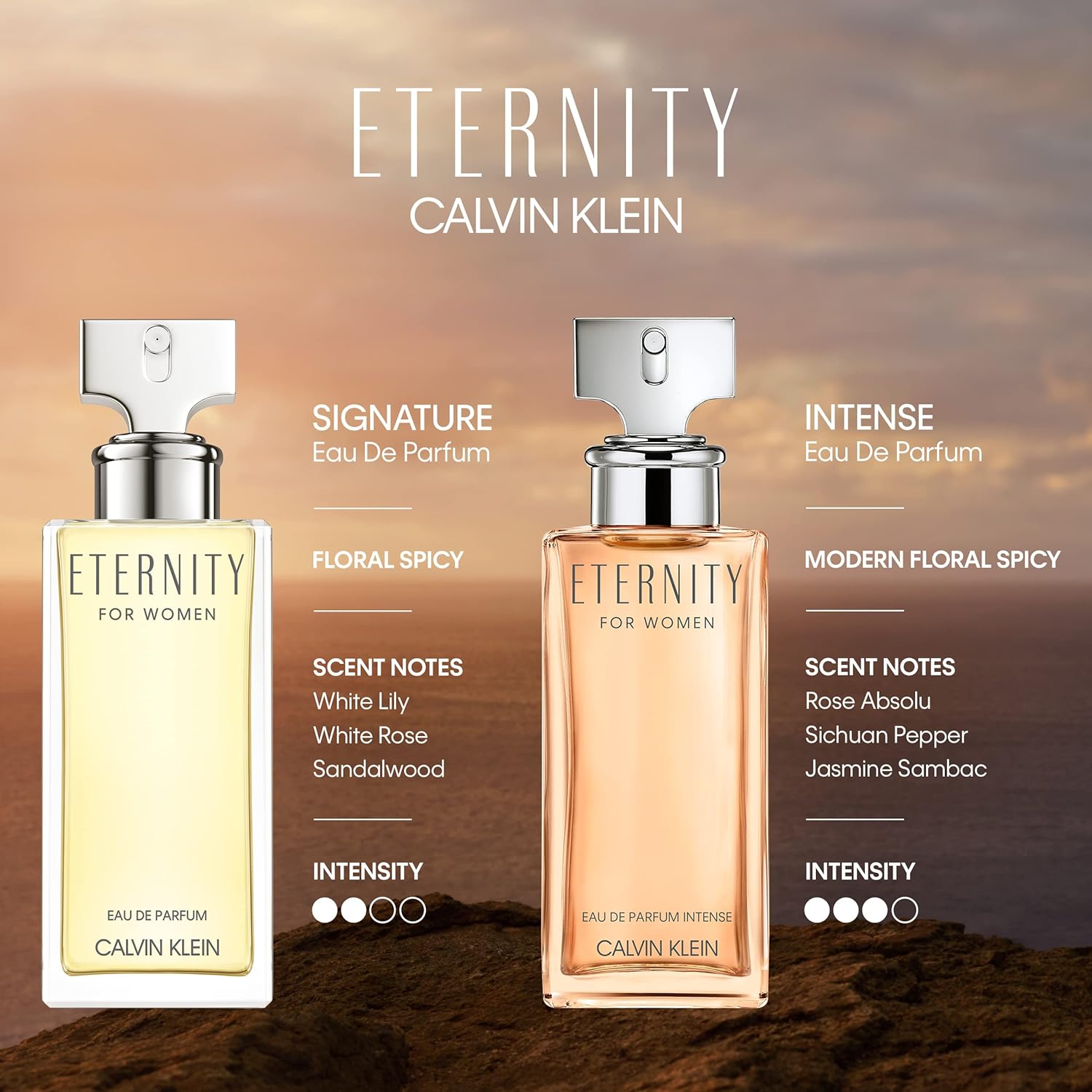 CALVIN KLEIN Eternity - Eau de Parfum Intense for Women - Floral Spicy Fragrance with Notes of Turkish Rose Absolute, Sichuan Pepper and Jasmine Absolute Sambac - High Longevity - 50ml : Amazon.co.uk: Beauty