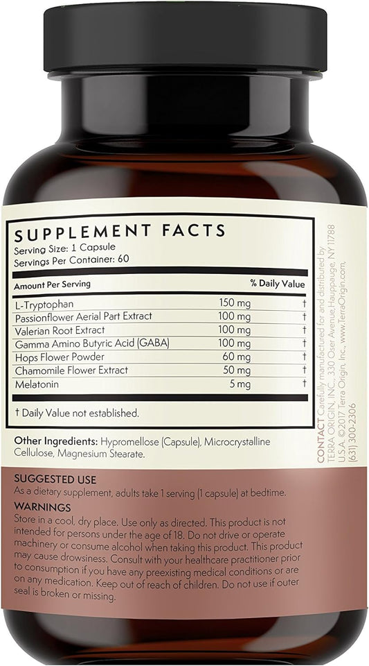 TERRA ORIGIN Sleep Supplement Capsules. Non-GMO, Vegan | 5mg Melatonin, L-Tryptophan, GABA, Chamomile, Valerian, PassionFlower - 180 Capsules (3 Bottles)