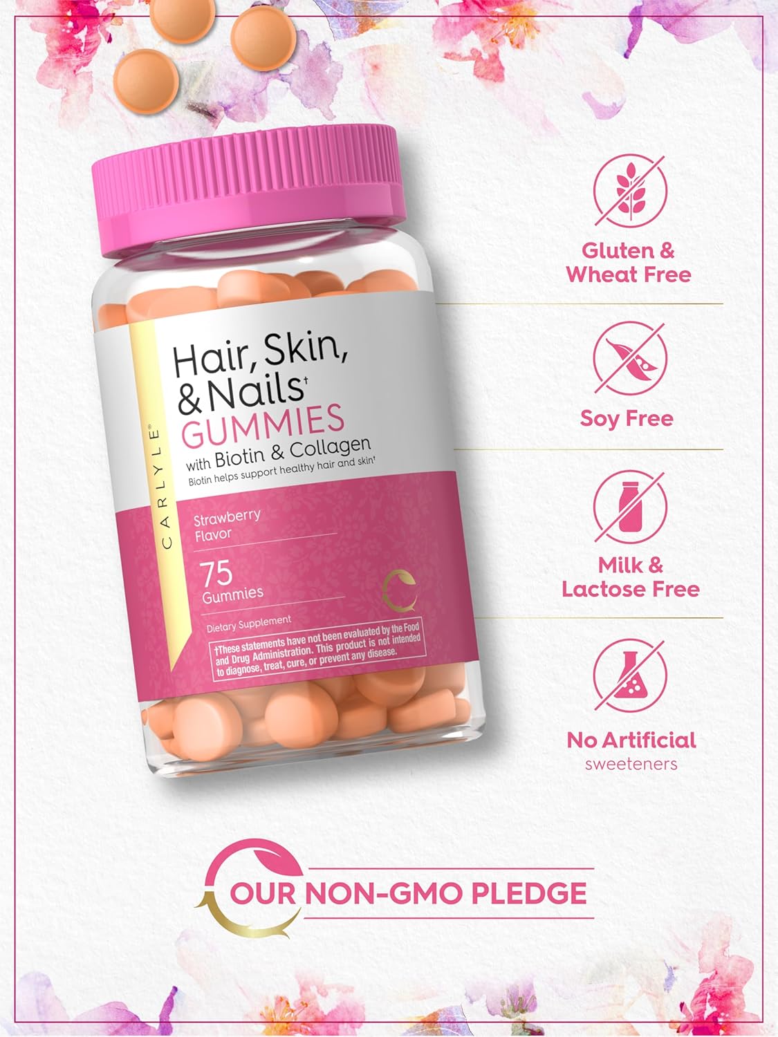 Carlyle Hair Skin and Nails Vitamins | 75 Gummies | with Biotin and Collagen | Gummy Supplement for Women | Strawberry Flavor | Non-GMO, Gluten Free : Health & Household