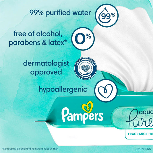 Pampers Aqua Pure Sensitive Baby Wipes, 99% Water, Hypoallergenic, Unscented Baby Wipes, 336 Baby Wipes Total (6 Flip-Top Packs)