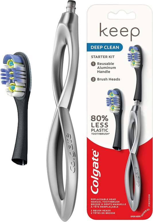 Colgate Keep Soft Manual Toothbrush For Adults With 2 Deep Clean Floss-Tip Brush Heads, Silver