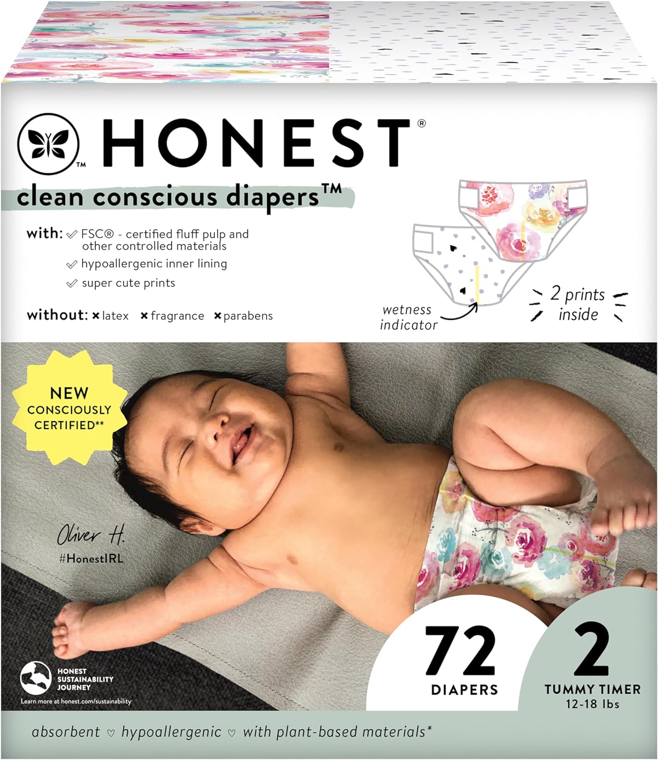 The Honest Company Clean Conscious Diapers | Plant-Based, Sustainable | Young At Heart + Rose Blossom | Club Box, Size 2 (12-18 Lbs), 72 Count