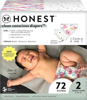 The Honest Company Clean Conscious Diapers | Plant-Based, Sustainable | Young At Heart + Rose Blossom | Club Box, Size 2 (12-18 Lbs), 72 Count