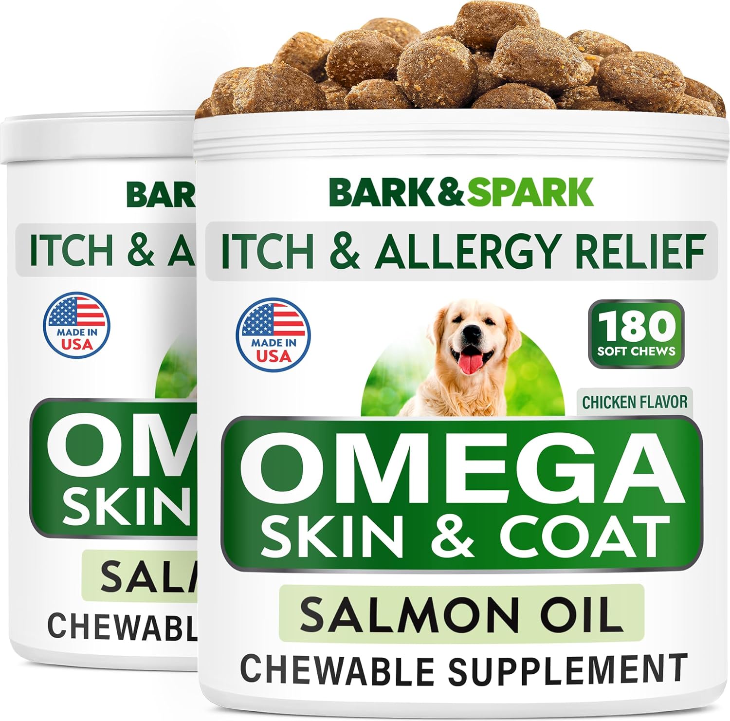 Bark&Spark Omega 3 For Dogs - 360 Fish Oil Treats For Dog Shedding, Skin Allergy, Itch Relief, Hot Spots Treatment - Joint Health - Skin And Coat Supplement - Epa & Dha Fatty Acids - Salmon Oil