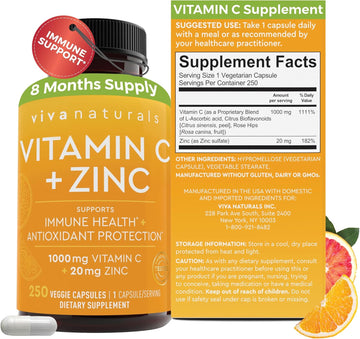 Viva Naturals Vitamin C And Zinc Supplement (250 Capsules) - 1000 Mg Vitamin C With Zinc 20 Mg Antioxidant Supplements For Immune Support, Plant Based Zinc And Vitamin C Supplement For Adults