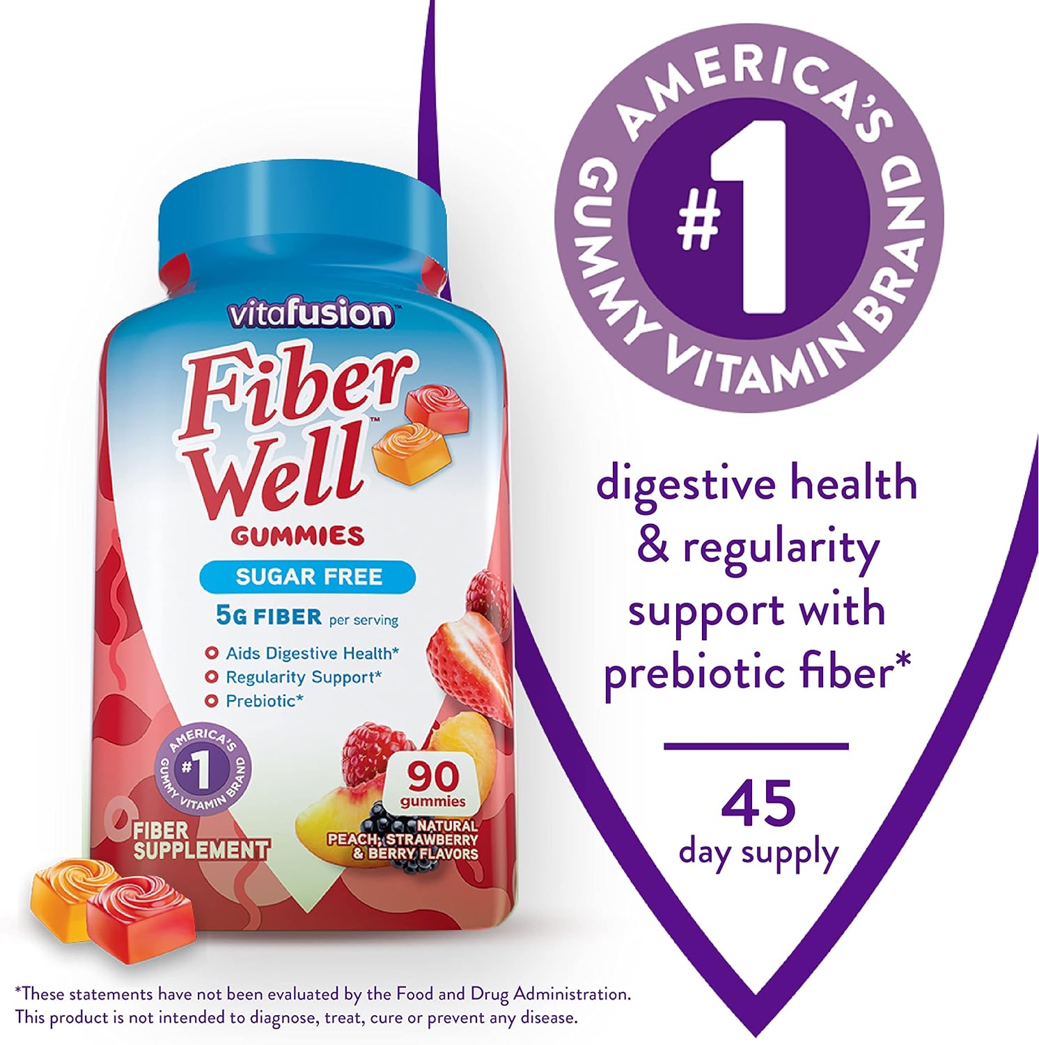 Vitafusion Fiber Well Sugar Free Fiber Supplement, Peach, Strawberry And Blackberry avored Supplements, 90 Count