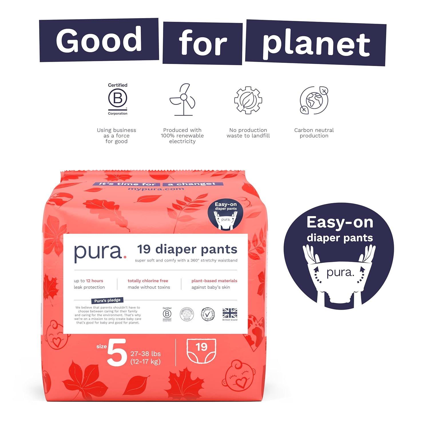 Pura Hypoallergenic Diaper Pants Size 5 (27-38 Lbs) Overnight, Up To 12 Hours Leak Protection, Suitable For Sensitive Skin, Totally Chlorine Free, Soft Organic Cotton, 3 Packs Of 19 (57 Pull Up Pants)