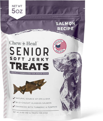 Chew + Heal Labs Seniors Soft Jerky Salmon Dog Treats - 5 Oz Of Omega Jerky - Dog Joint Supplement With Wild Alaskan Salmon And Turmeric - Made In The Usa