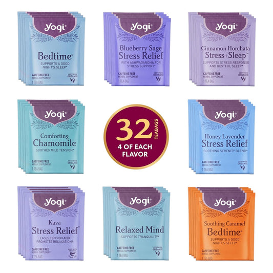 Yogi Tea Stress & Sleep Sampler Box - 8 Favorite Herbal Teas (32 Tea Bags) - Assorted Delicious Wellness Teas - Caffeine Free - Tea Gift Set & Variety Pack Sampler