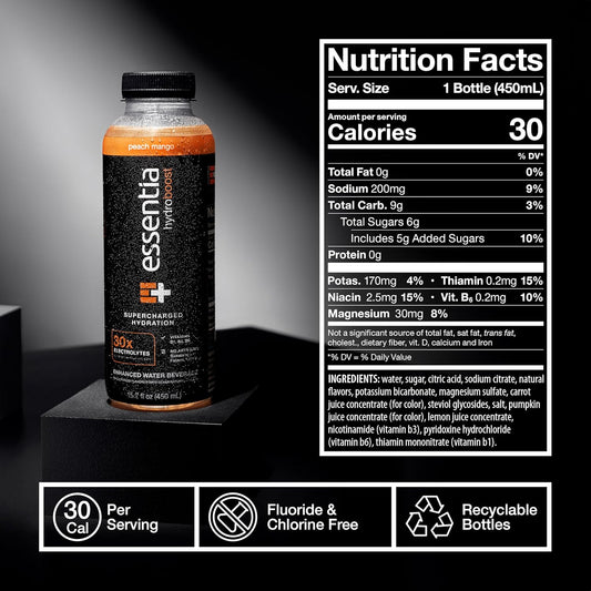 New Essentia Hydroboost Enhanced Bottled Water, 15.2 Fl. Oz. (450 Ml), 12 Pack, Peach Mango, Hydrolyte Blend With B-Complex Vitamins And Electrolytes, Clean Taste & Supercharged Hydration
