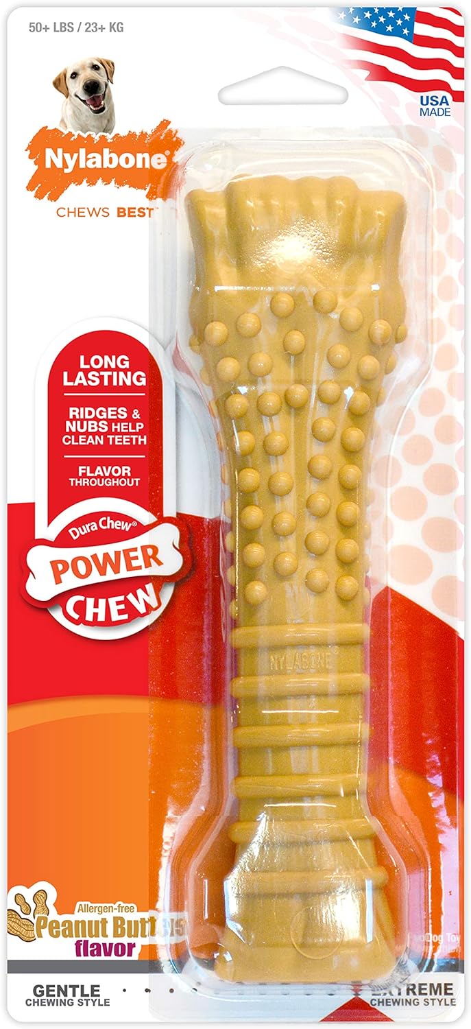 Nylabone Power Chew Textured Femur Bone Chew Toy For Dog, Indestructible Dog Toys For Aggressive Chewers Large Breed, Peanut Butter Flavor, X-Large/Souper (1 Count)