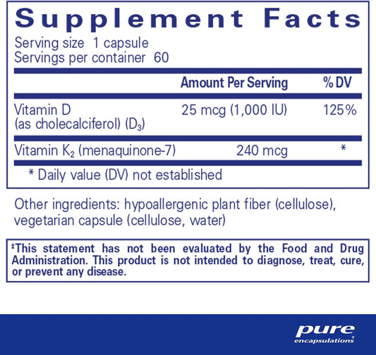 Pure Encapsulations Pureheart K2D - Heart Health Supplement* - With Vitamin K2 & D3 - Cholecalciferol Vitamin D & Mk-7 - Non-Gmo & Vegetarian - 60 Capsules