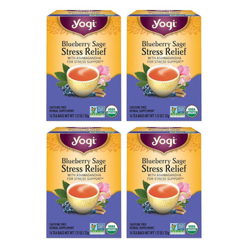 Yogi Tea Blueberry Sage Stress Relief - 16 Tea Bags Per Pack (4 Packs) - Relaxing, Calming Tea To Support Stress Response - Includes Ashwagandha, Blueberry, Sage, Hibiscus & More