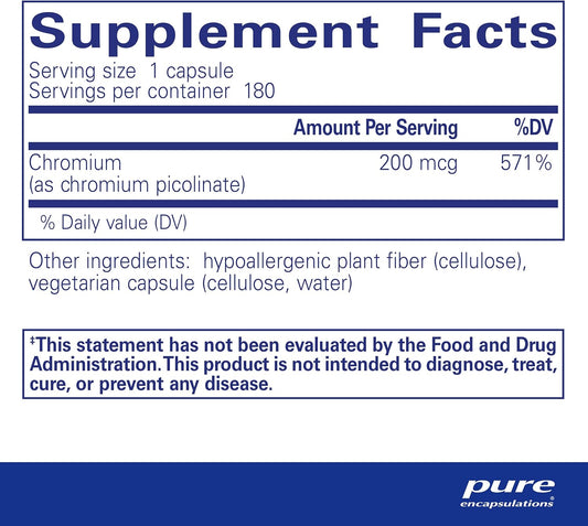 Pure Encapsulations Chromium (Picolinate) 200 Mcg | Hypoallergenic Supplement For Healthy Lipid And Carbohydrate Metabolism Support* | 180 Capsules