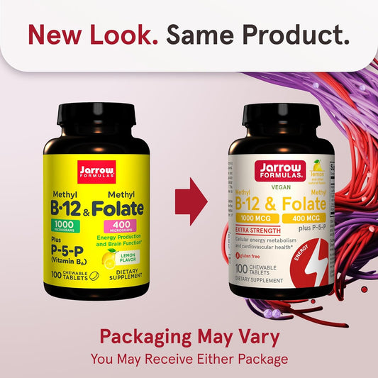 Jarrow Formulas Methyl B-12 1000Mcg & Methyl Folate 400Mcg,Extra Strength,Cellular Energy Metabolism & Cardiovascular Health Formula(1) With P-5-P,100Chewable Tabs,Up To A 100 Day Suppl,12Packs