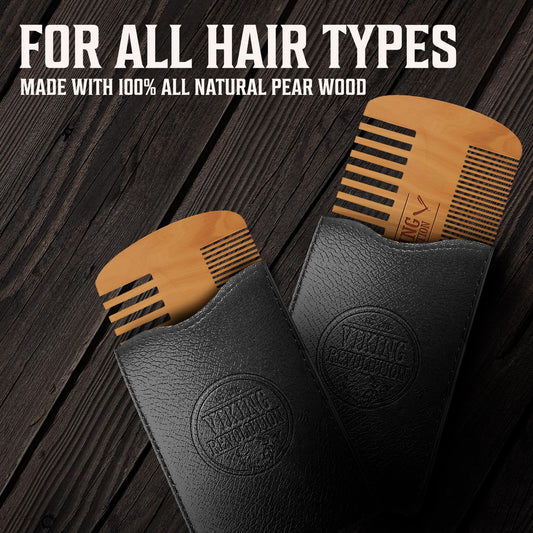 Viking Revolution Wooden Beard Comb & Case, Dual Action Fine & Coarse Teeth, Perfect For Use With Balms And Oils, Top Pocket Comb For Beards & Mustaches (2 Pack)