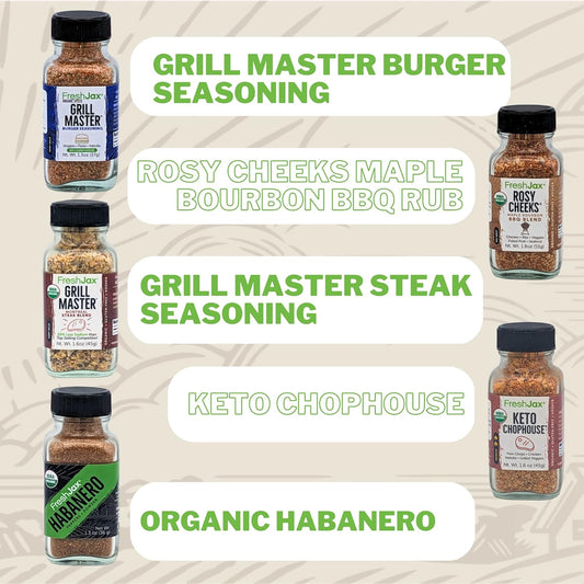 FreshJax Cookout Seasoning Gift Set | Pack of 5 Organic All Purpose Spices and Seasonings | Grilling Gifts for Dads, Father Packed in a Giftable Box